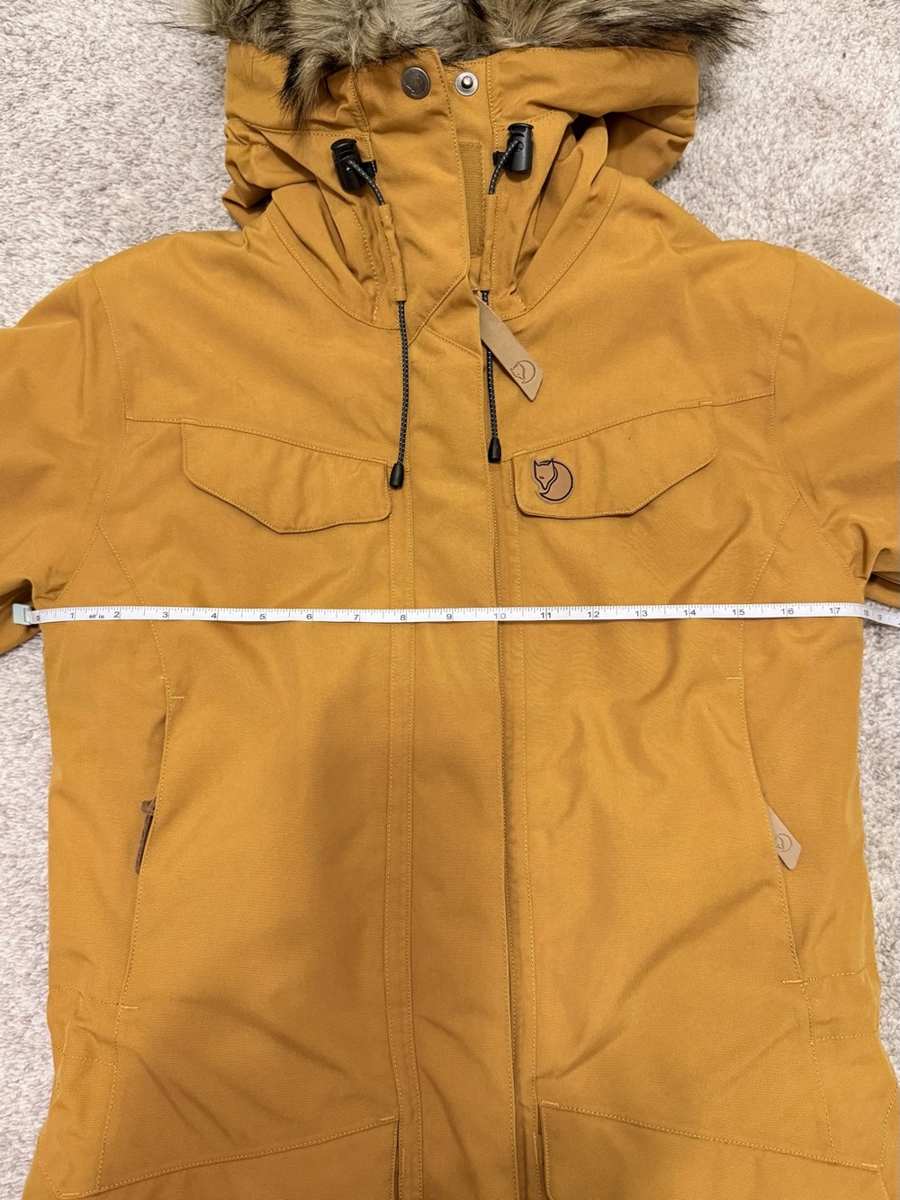 Fjallraven Women’s Nuuk Insulated Parka in Mustard Yellow with Faux-Fur Hood - Picture 8 of 10